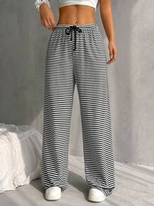 SHEIN EZwear Pantalones casuales sueltos de punto a rayas con cordón ajustable, talla grande