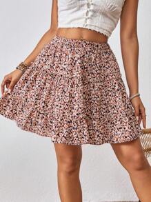 SHEIN VCAY Women's Elastic Waist Ruffle Hem Vacation Skirt With All-Over Print - Multicolor - View 3