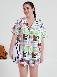 We Bare Bears X SHEIN 夏季加印卡通人物和口號圖案衫領短袖襯衫及短褲組合 - 彩色 - 查看 6