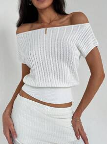 Aloruh Elegant White Women's T-Shirt With Textured Summer Knit And Bodycon Silhouette, Can Be Worn Two Ways,Off The Shoulder Sweater - White - View 6