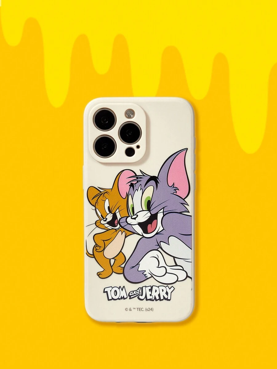 TOM & JERRY X SHEIN Cartoon And Letter Printed Phone Case,Compatible With IPhone - Beige - View 1