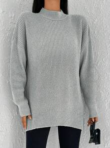 RueChic Mock Neck Drop Shoulder Sweater - Grey - View 4