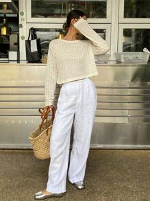 DAZY Áo thun nữ dài tay cổ tròn Jacquard rỗng - Màu be - Xem 2