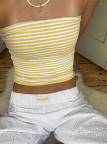 INAWLY Striped Strapless Tight-Fitting Top, Summer - Yellow - View 4