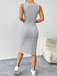 SHEIN PETITE Vestido básico de verano para mujer con tirantes con rayas y abertura lateral - Blanco y Negro - Ver 2