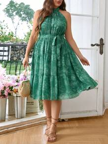 SHEIN Privé Plus Size Elegant Hang Neck Cinched Waist Midi Dress, Perfect For Commuting, Vacation Or Beach Date, With Green Plant Printed All Over