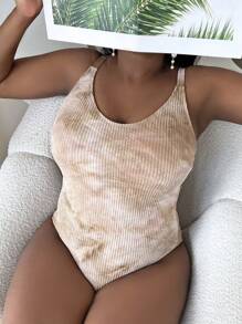 SHEIN Swim Curve 加大碼水染簡約假日風格單肩一件式泳衣 - 咖啡棕 - 查看 1