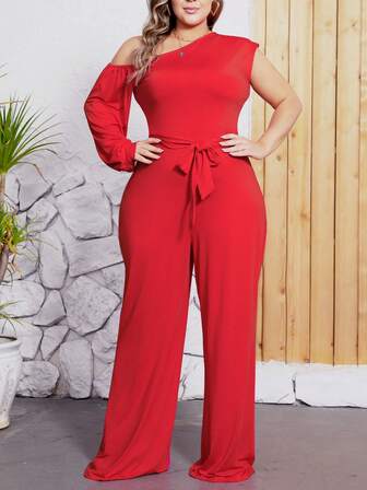 Plus Size Sexy One Shoulder Wide Leg Jumpsuit With Strap