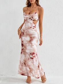 SHEIN VCAY 女士假期草編印花細肩帶連衣裙，鬆身設計並帶腰部剪裁設計 - 棕色 - 查看 1