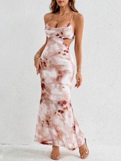 SHEIN VCAY 女士假期草編印花細肩帶連衣裙，鬆身設計並帶腰部剪裁設計