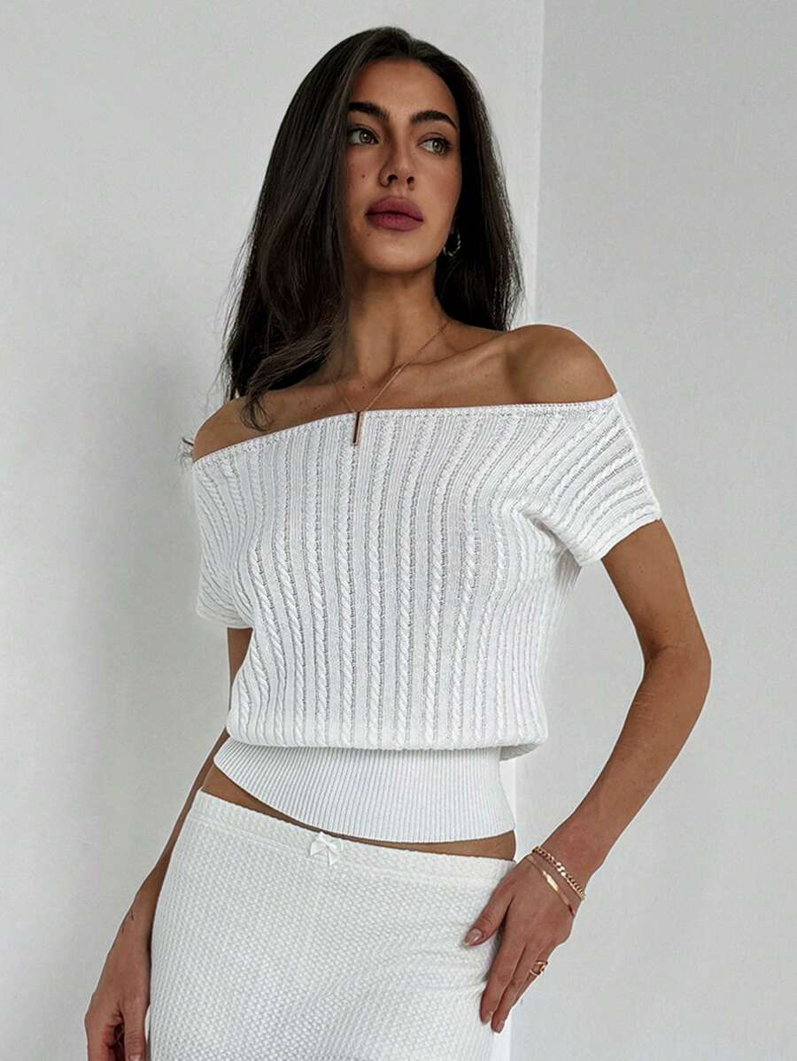 Aloruh Elegant White Women's T-Shirt With Textured Summer Knit And Bodycon Silhouette, Can Be Worn Two Ways,Off The Shoulder Sweater - White - View 1