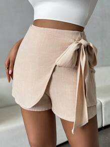 Chiquease Women's Solid Color Casual Linen Wrap Skirt With Waist Knot - Apricot - View 6