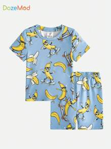 SHEIN 2 cái/bộ Giải trí Và Dễ thương Quả chuối & Ván trượt In Ngắn tay Áo thun Và Quần short Vừa Khít Nhà  Mặc Đối với Trẻ Con trai - Nhiều màu - Xem 1
