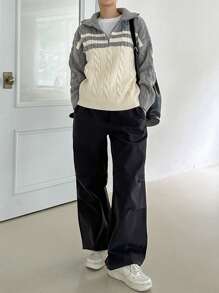 DAZY Women's Striped Color-Block Half Zipper Cardigan Sweater,Fall Women Clothes - Grey - View 2
