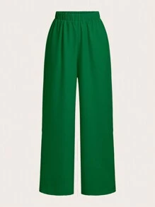 Slaydiva Summer Elegant Round Neck Sleeveless Loose Hem Cropped Top Straight Trousers Orange Women's Two-Piece Set-C - Green - View 4