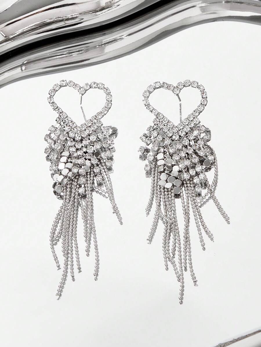 SHEIN ICON 優雅心形吊墜女士耳環 - 銀色 - 查看 1