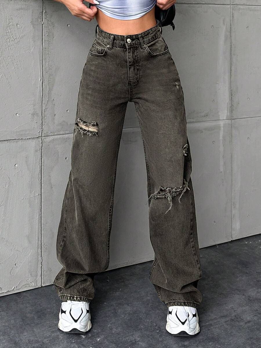 Cottnline High Waist Distressed Straight Jeans - Dark Grey - View 1