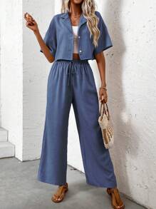 SHEIN LUNE Ensemble de chemise à manches courtes en lin et de pantalon pour femmes pour les vacances et les loisirs - Bleu marine - Voir 3
