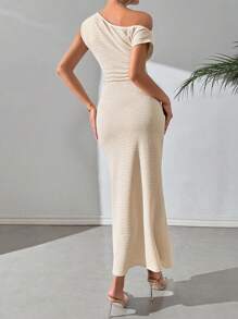 Calvaya Women's Solid Color Asymmetrical Neckline Waist Pleated Mermaid Hem Slim And Elegant Dress
