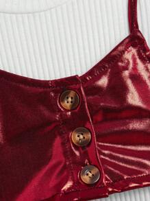 SHEIN Baby Girl Fashionable Faux Leather Suspender And Shorts Set With Inner Top, Spring/Summer - Red - View 5