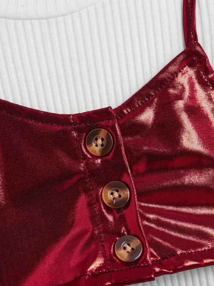 Baby Girl Fashionable Faux Leather Suspender And Shorts Set With Inner Top, Spring/Summer