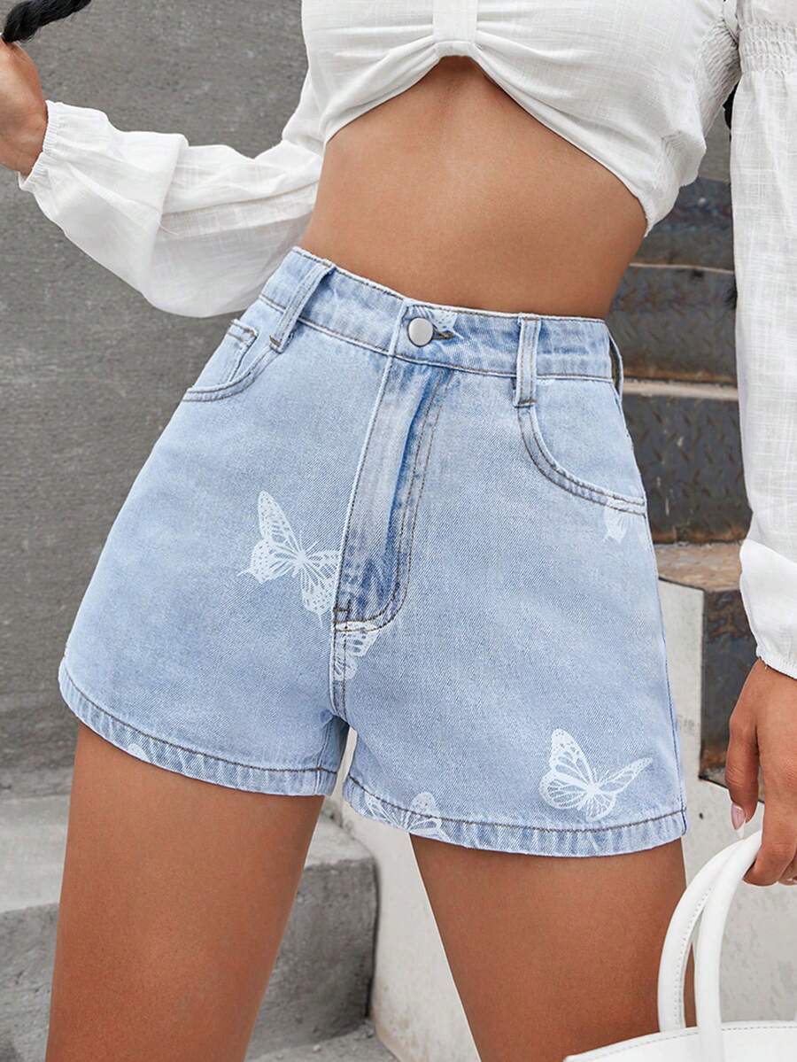 White Butterfly Pattern Print Denim Shorts - Light Wash - View 1