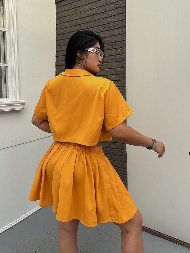 Women's Plus Size Fashion Solid Color Short Sleeve Top And Skirt Set