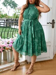 SHEIN Privé Plus Size Elegant Hang Neck Cinched Waist Midi Dress, Perfect For Commuting, Vacation Or Beach Date, With Green Plant Printed All Over