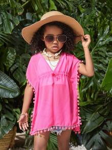 SHEIN Young Girl Woven Loose-Fit Fringed Casual Cover Up - Hot Pink - View 4