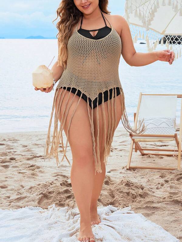 SHEIN Swim Curve Summer Plus Size Women's Solid Color Hollow Out Patchwork Tassel Hem Halter Neck Cover-Up