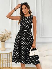 SHEIN Clasi Summer Polka Dot  Vacation Dress Old Money Style - Black - View 3