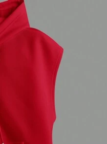 SHEIN EZwear 女士夏季休閒純色針織帶帽T卹，附有口袋 - 紅色 - 查看 4