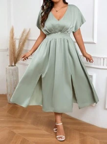 SHEIN Clasi Plus Size V-Neck Batwing Sleeve Dress With Cinched Waist And High Side Slit, Perfect For Parties - Green - View 5