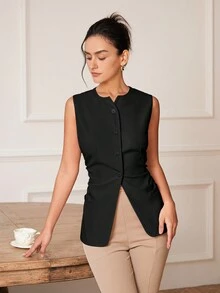 女式前扣无袖修身优雅经典复古风格背心上衣，夏季短款商务休闲上衣 - 黑色 - 查看 7