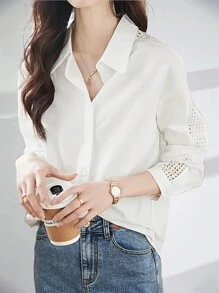 SHEIN Unity Women's Spring/Summer Long Sleeve White Lace Hollow Out Shirt With Open Collar,Long Sleeve Tops Fall Cloth For Women