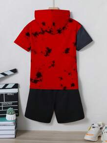 SHEIN Tween Boy Tie-Dye Face Digital Print Splice Effect Two-Piece Outfit, School, Campus, College - Red - View 2