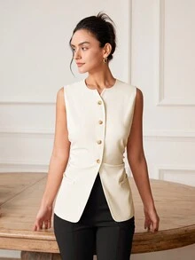 女式无袖短款商务休闲背心，合身优雅的复古风格设计，春夏 - 白色 - 查看 5