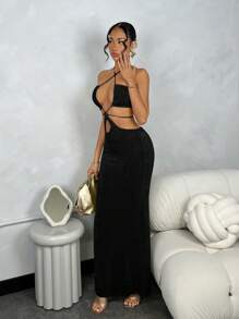 SHEIN BAE Women's Summer Solid Color Hollow Out Bodycon Halter Graduation Party Dress