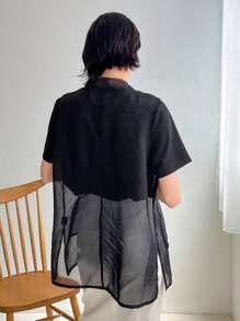 FRIFUL Women's Solid Color Round Neck Sleeveless Mesh Top With Tie And Pocket Sheer - Black - View 3