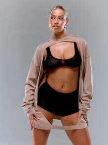 MUSERA 休闲独特镂空连帽宽松毛衣连衣裙 - 杏色 - 查看 1