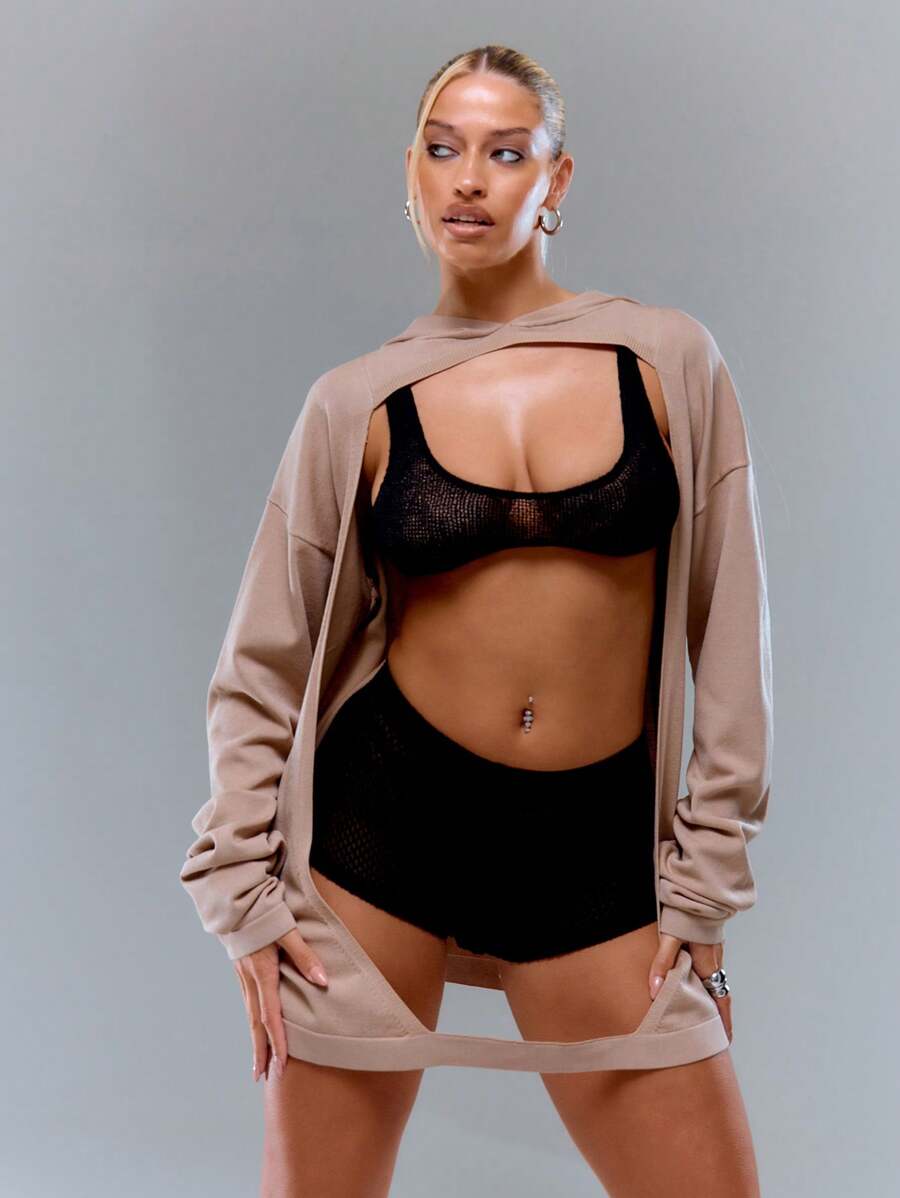 MUSERA 休闲独特镂空连帽宽松毛衣连衣裙 - 杏色 - 查看 1