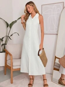 SHEIN LUNE 夏季海滩休闲度假长款亚麻白色上衣衬衫风格女式连衣裙 - 白色 - 查看 1