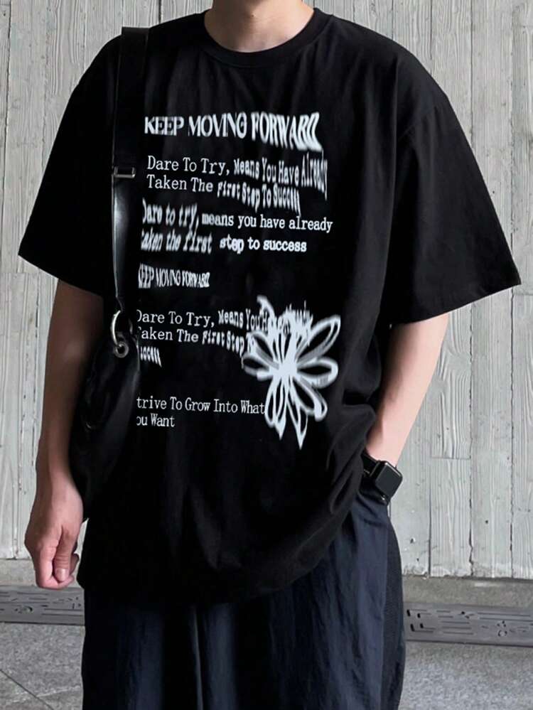 Men's Summer Slogan & Floral Printed Round Neck Casual & Commuting T-Shirt,Graphic Tees