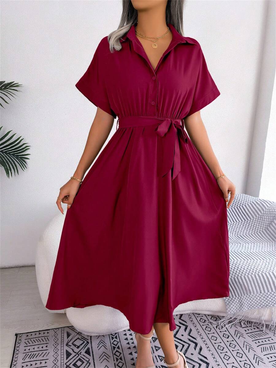 New Spring/Summer Casual Fit Leopard Print Button Down Shirt Dress With Belt, Short Sleeve - Burgundy - View 1