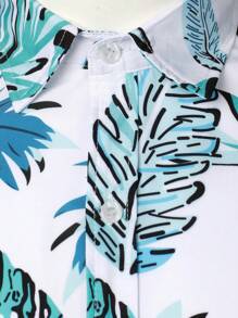 Camisa de manga corta hawaiana impresa con plantas tropicales de moda para hombres, para el verano - Blanco - Ver 8