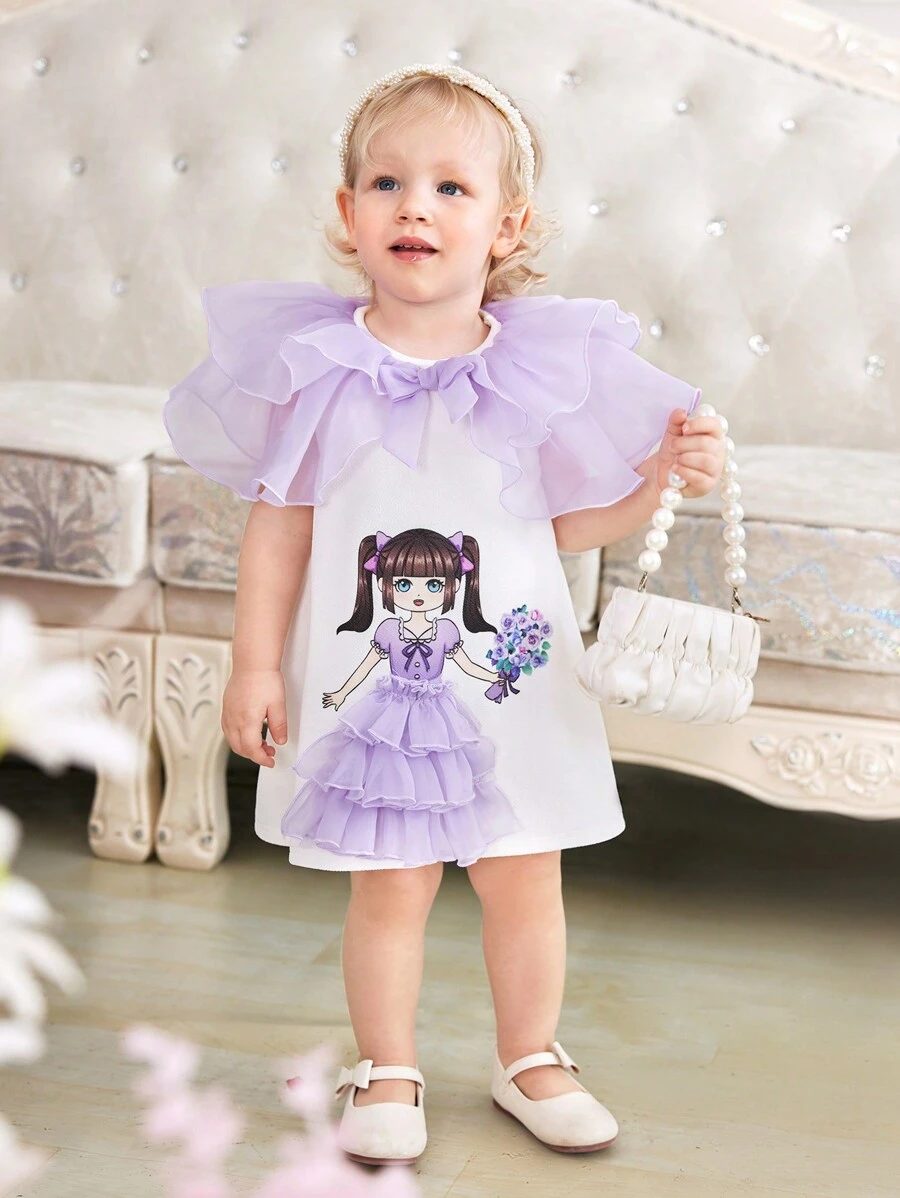 SHEIN Summer Baby Girl Cute Cartoon Patchwork Organza Ruffle Sleeveless Dress - Multicolor - View 1