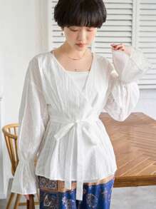 FRIFUL Women's Texture Wrapped Lace Shirt For Summer,Ruffle Long Sleeve Top - Apricot - View 3