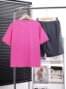SHEIN Tween Boy Loose Fit Slogan Graphic Drop Shoulder Tee & Shorts - Pink - View 2