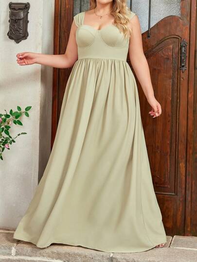 SHEIN Belle 大码豆蔻绿宽肩带甜心领度假风简约优雅伴娘礼服正式连衣裙