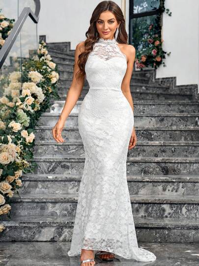 女士纯色简约休闲露肩婚纱，新娘